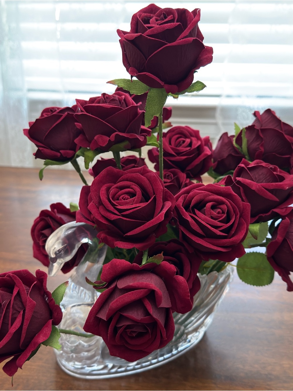 Handmade Burgundy Rose Arrangement in Swan Vase